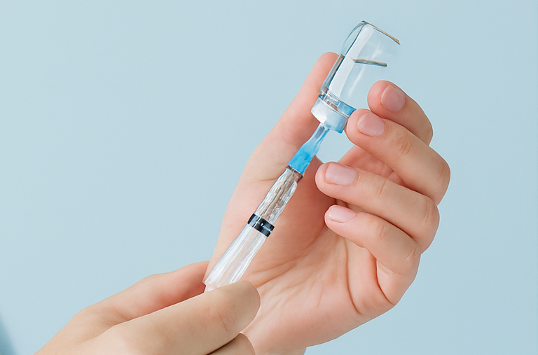 KI-geniertes Bild mit einer Hand mit Spritze, die aus einer Ampulle aufgezogen wird, vor einem hellblauen Hintergrund.