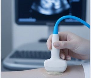 KI-generiertes Bild einer menschlichen Hand bei einer Ultraschalluntersuchung